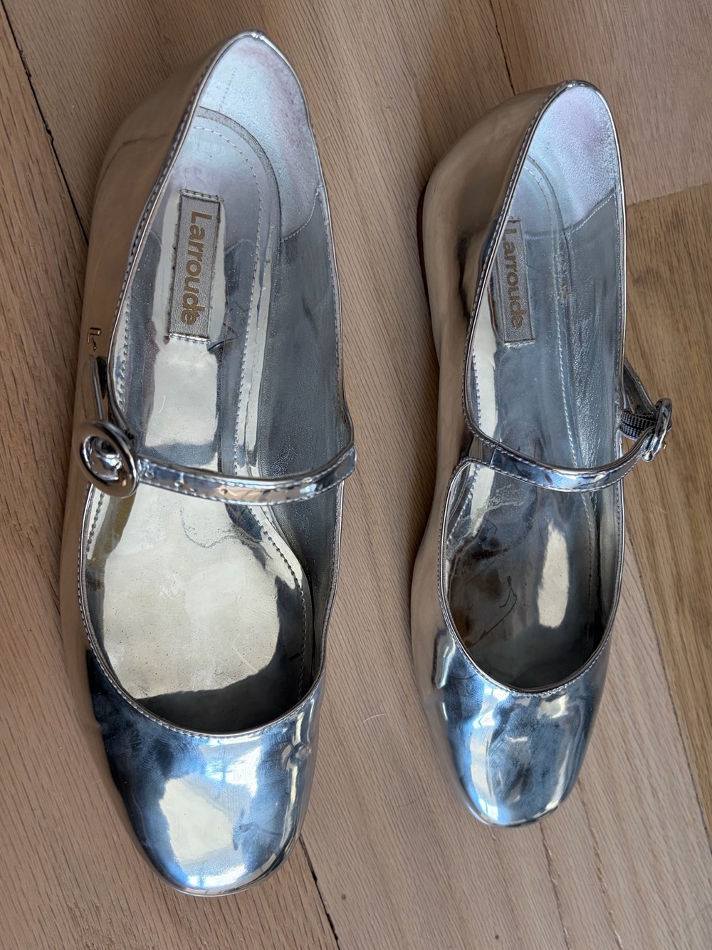 Larroude Metallic Silver Mary Jane Flats, size 8. - Picture 2 of 7